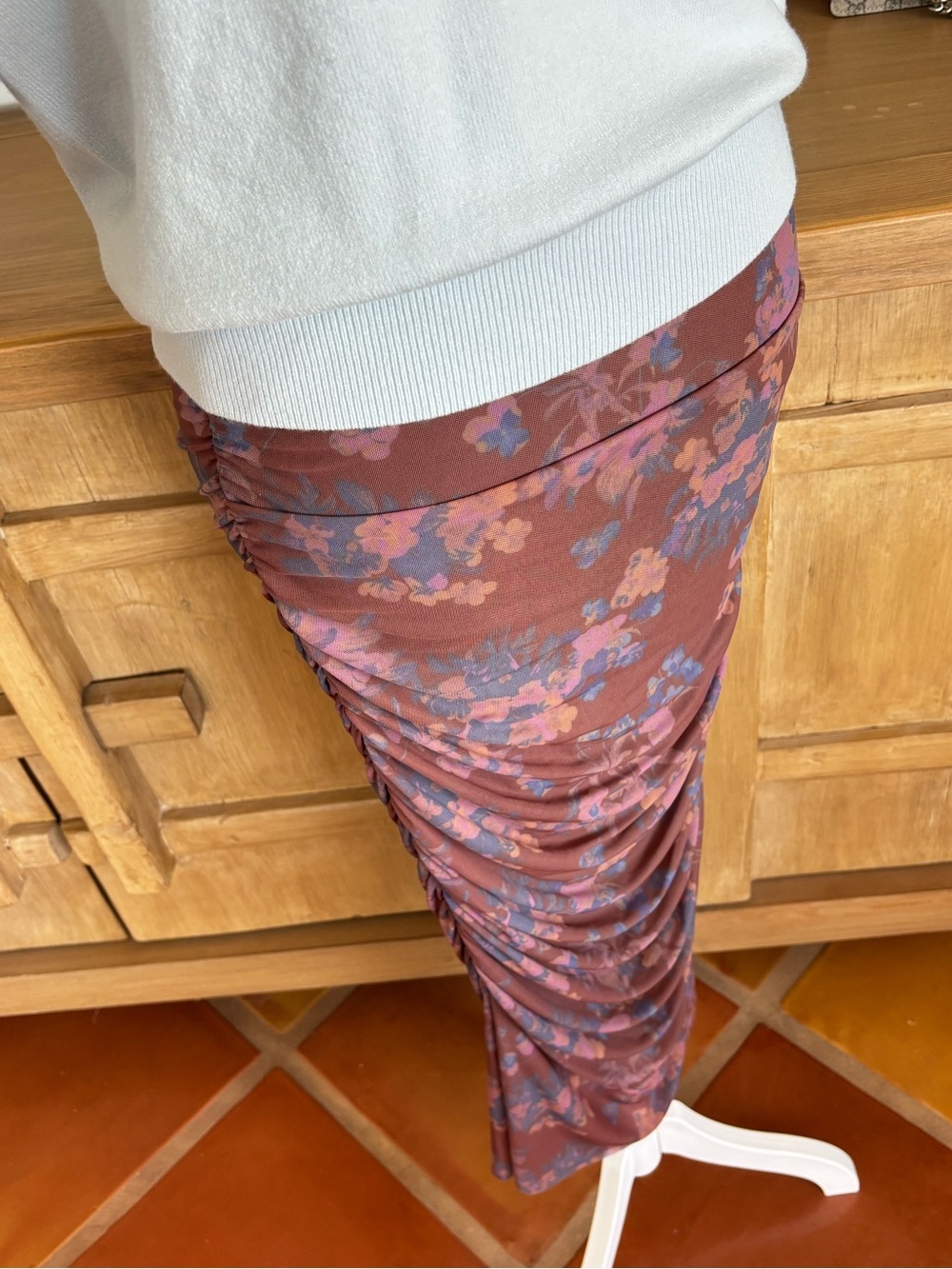 Anthropologie Floral Ruched Mesh Midi Skirt Brown Purple M Autumn Y2K Party Chic - Picture 10 of 13